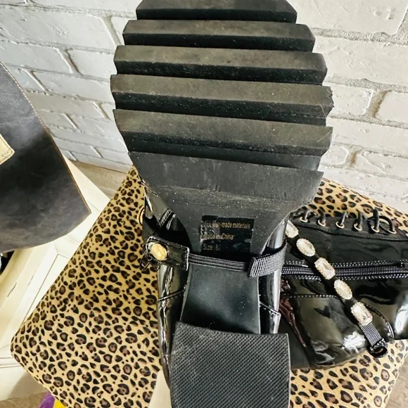 Wild Diva Black Patent Leather Gemstone Boots - Picture 9 of 16